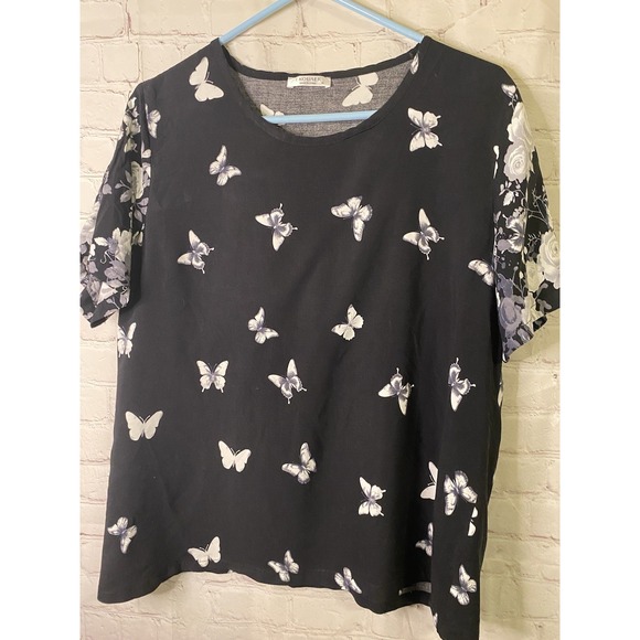 Tops - Ekouaer Ladies Size XL Butterfly Top White Black Short Sleeve